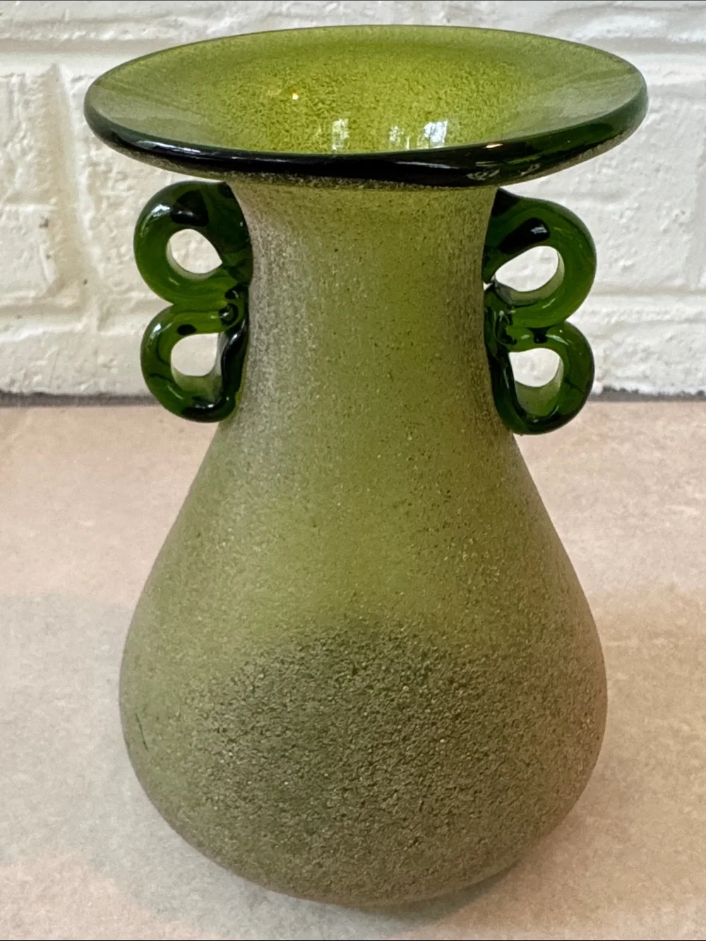 Green Art Glass Textured w/ Applied Handles Vase 5.75